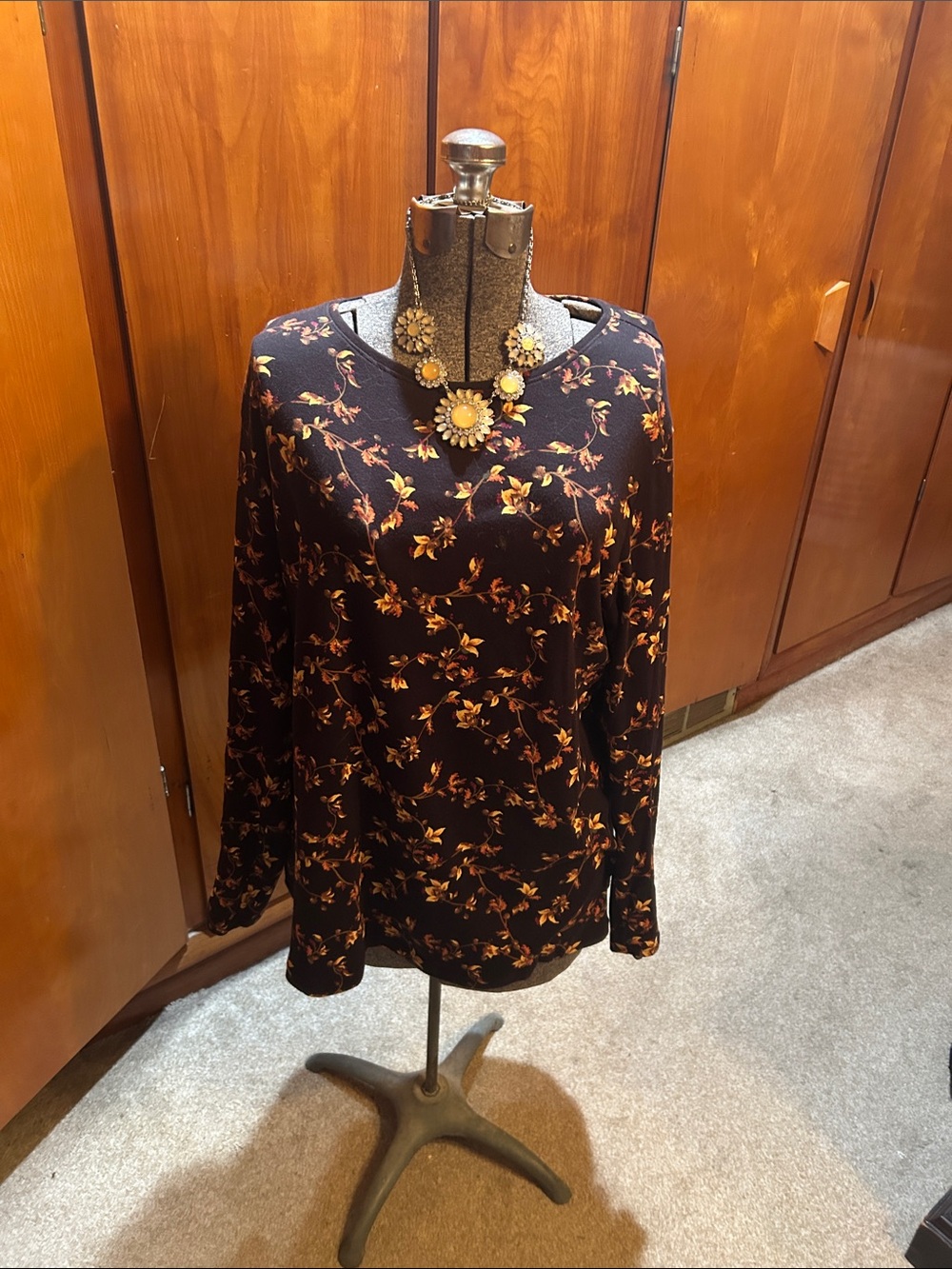 croft & barrow Black Long-Sleeve Tee with Orange Floral Print
